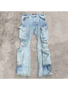 Thrt Stacked Jeans Straight Leg Baggy Denim Size 32 Flared Blue Washed Cargo